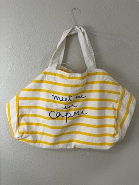 Loft Yellow & White Striped Tote Bag with Navy Script